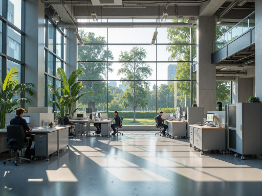 现代化科技公司办公环境,开放式办公区域,员工正在讨论项目,现代简约装修风格,专业科技公司氛围